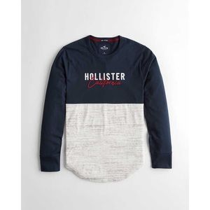 Hollister Co. Navy Color-Blocking Script Embroidery Logo Long Sleeve Tee